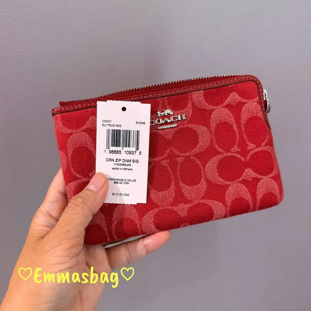 Last 2‼️Coach Corner Zip Wristlet In Signature Denim CDF27 denim/Silver/True Red - Picture 4 of 4